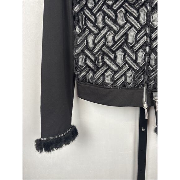 Save the Queen Italy Faux Leather Jacket Womens Medium Black Faux Fur Geometric - Picture 4 of 13